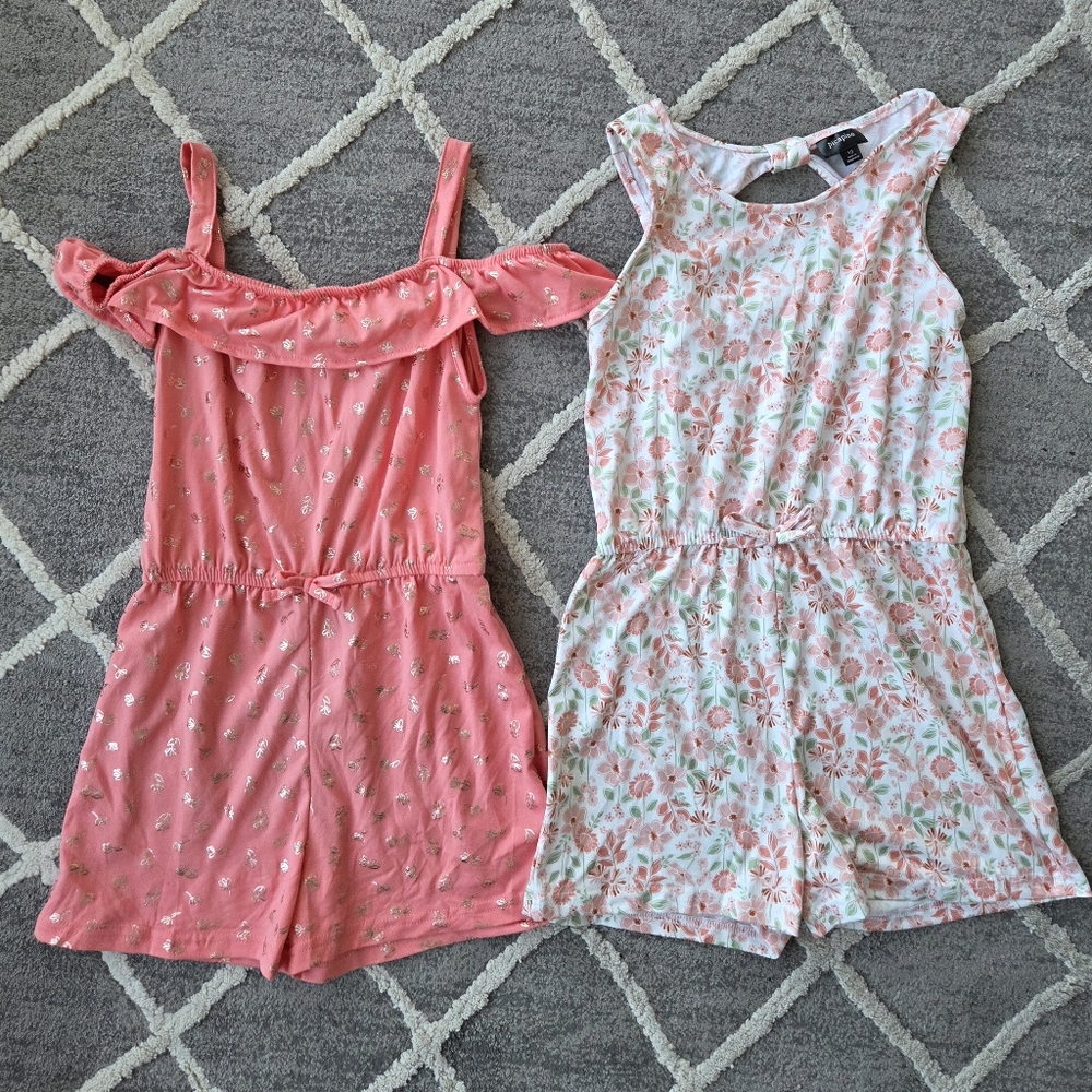 Picapino Girls Coral & Floral Romper Duo – Soft Summer Jumpsuits